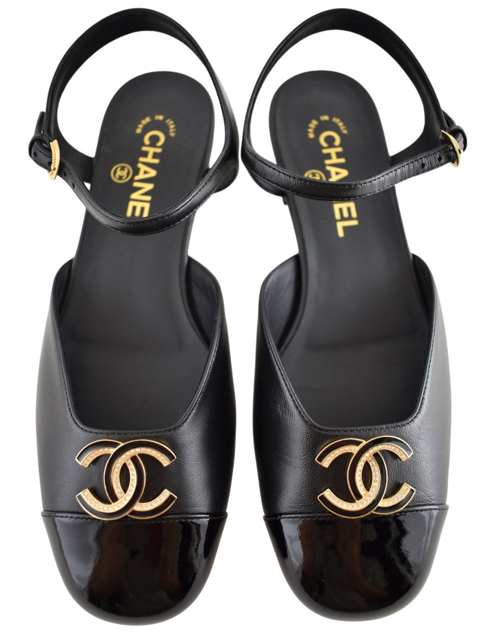 Chanel 25P Black Patent Gold CC Slingback Ankle Strap Ballerina Ballet Flat 38.5